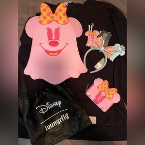 Disney Loungefly Minnie Mouse Pink Ghost backpack, wallet and matching ears!